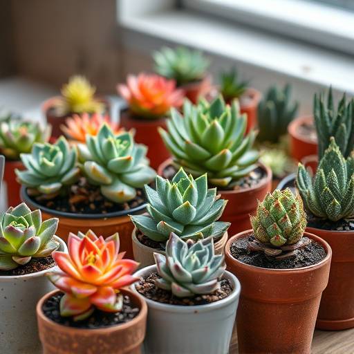 Diversas suculentas em vasos pequenos, mostrando suas formas e cores variadas