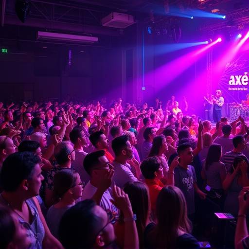 Exemplos de fotos de eventos: Foto de um show de axé, com o püblico cantando e danäando animadamente.