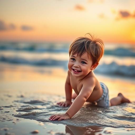 Exemplos de fotos de retratos: Retrato de uma crianäa brincando na praia, com a luz do sol criando um efeito especial.
