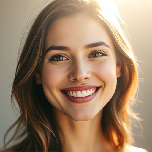 Exemplos de fotos do estüdio: Retrato de uma mulher sorrindo, com a luz do sol destacando seus traäos.