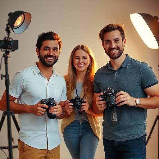 Foto da equipe do Estüdio Luz do Sol, sorrindo e segurando câmeras em um ambiente de estüdio.