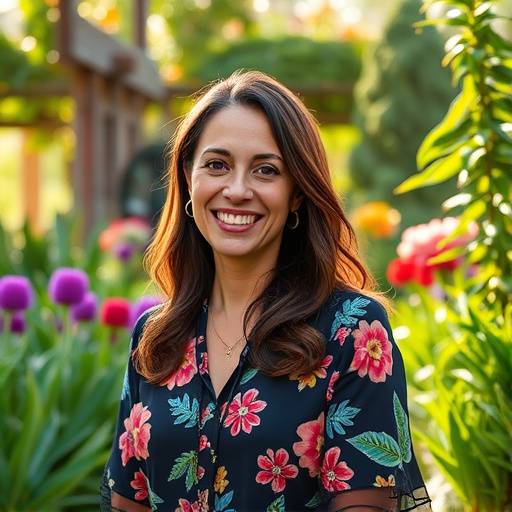 Foto de Sofia Albuquerque, fundadora e CEO da VerdeVida, sorrindo em um jardim exuberante