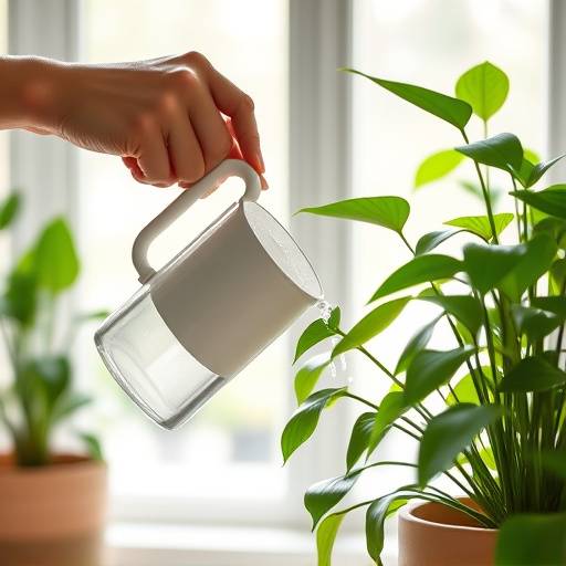 Mão regando uma planta em um ambiente iluminado